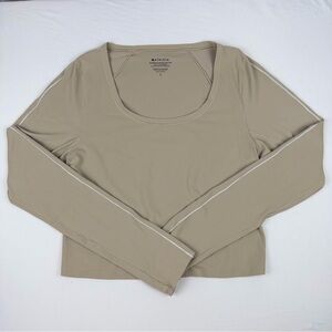 Athleta Transcend Long Sleeve Crop Top Taupe Contrast Stitch Size Large EUC